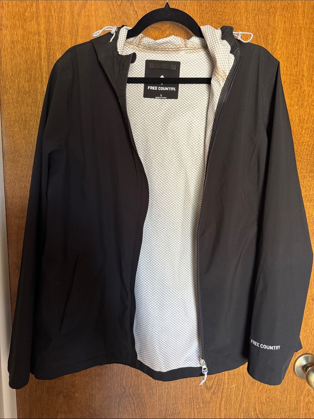 Free Country Black Hooded Raincoat with Light Gray Lining